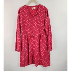 Mata Traders Long Sleeve Tunic Dress Women's L Red Floral Prairie Chic Tassel